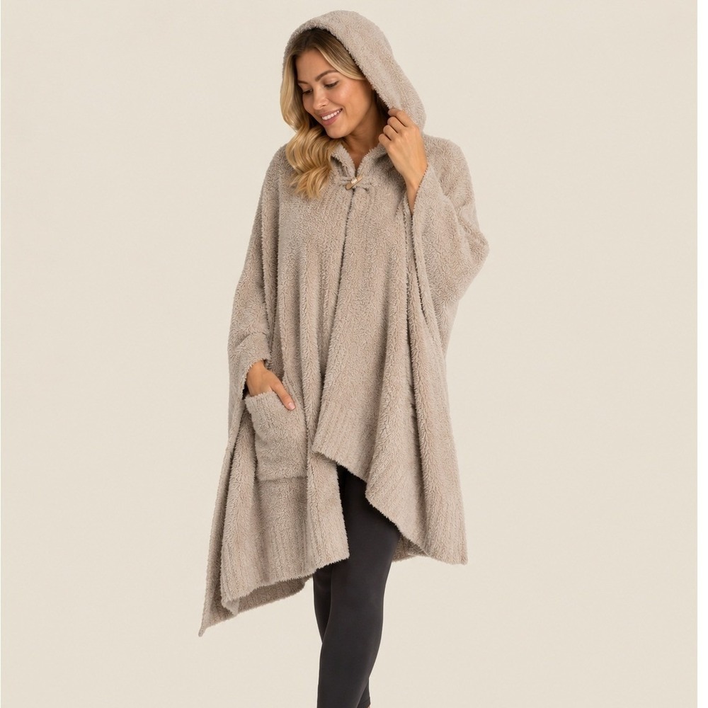 Barefoot Dreams CozyChic Hooded Poncho Oatmeal Beige Toggle Wrap OS 1908SW02